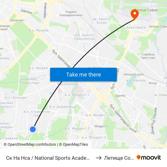 Ск На Нса / National Sports Academy (1609) to Летище София map