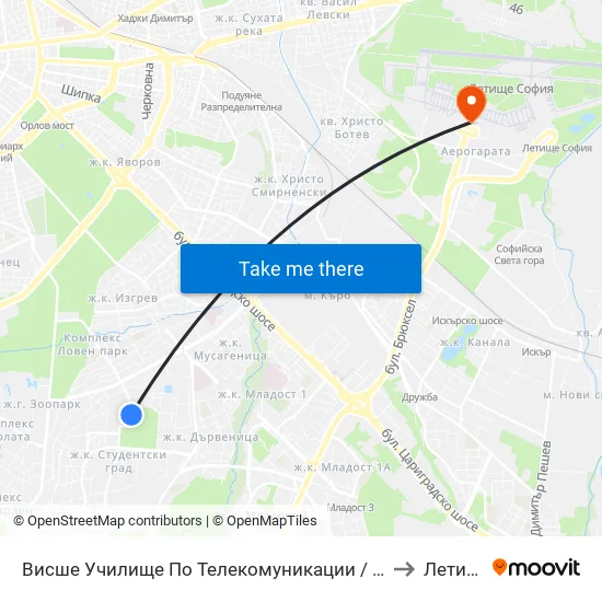 Висше Училище По Телекомуникации / University Of Telecommunications And Post (1396) to Летище София map