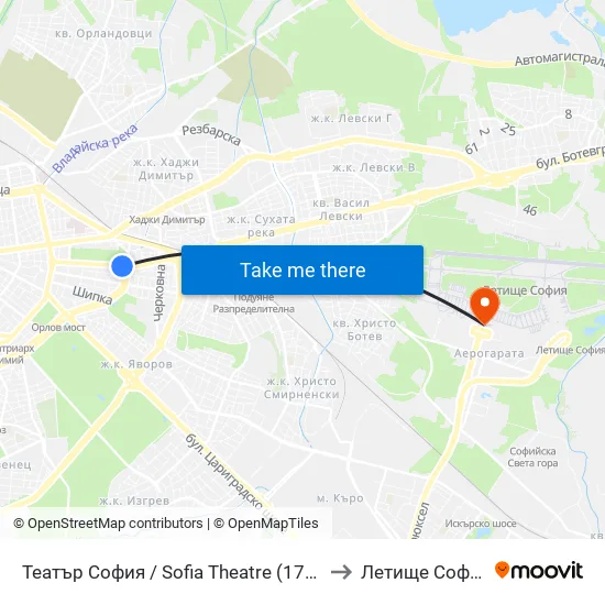 Театър София / Sofia Theatre (1727) to Летище София map