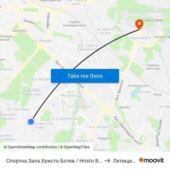 Спортна Зала Христо Ботев / Hristo Botev Sports Hall (1611) to Летище София map