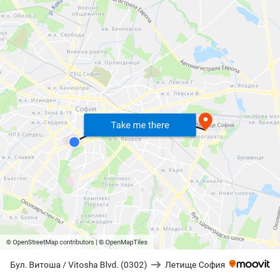 Бул. Витоша / Vitosha Blvd. (0302) to Летище София map