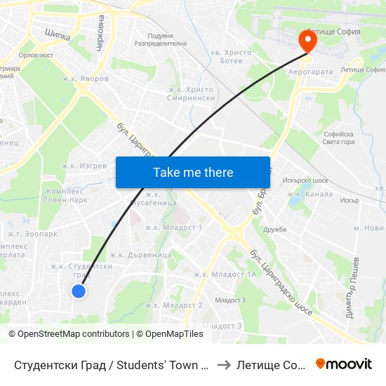 Студентски Град / Students' Town (1693) to Летище София map