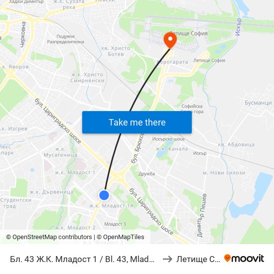 Бл. 43 Ж.К. Младост 1 / Bl. 43, Mladost 1 Qr. (0218) to Летище София map