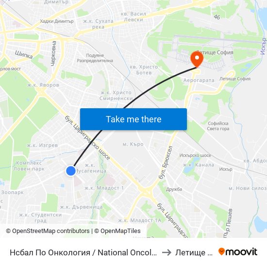 Нсбал По Онкология / National Oncology Hospital (0764) to Летище София map