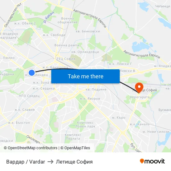 Вардар / Vardar to Летище София map