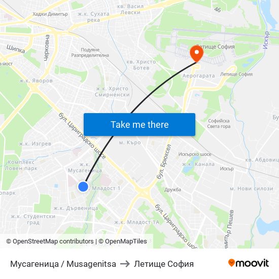 Мусагеница /  Musagenitsa to Летище София map