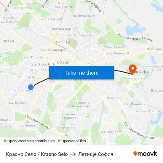 Красно Село / Krasno Selo to Летище София map
