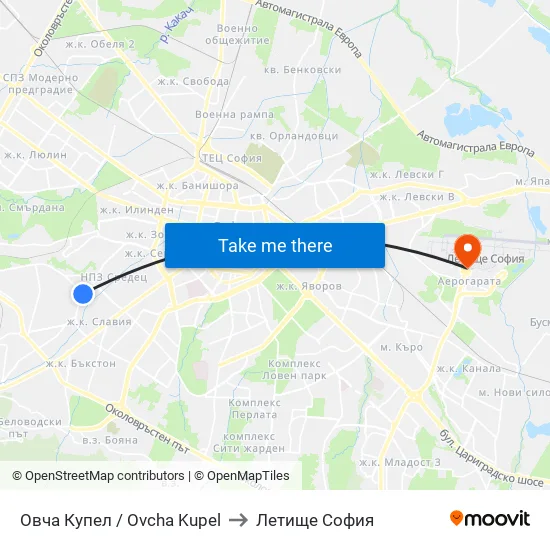 Овча Купел / Ovcha Kupel to Летище София map