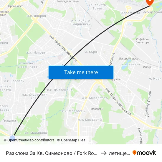 Разклона За Кв. Симеоново / Fork Road To Simeonovo Qr. (1459) to летище София map