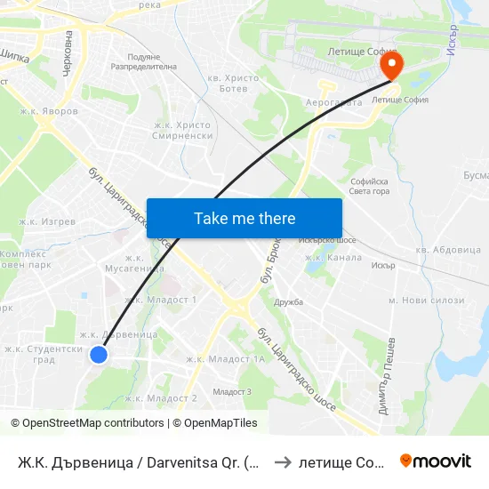 Ж.К. Дървеница / Darvenitsa Qr. (1012) to летище София map
