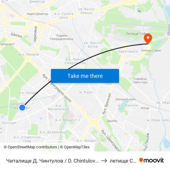Читалище Д. Чинтулов / D. Chintulov Library (2366) to летище София map