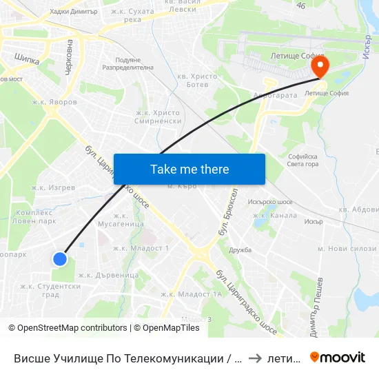 Висше Училище По Телекомуникации / University Of Telecommunications And Post (1397) to летище София map