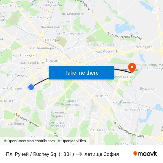 Пл. Ручей / Ruchey Sq. (1301) to летище София map