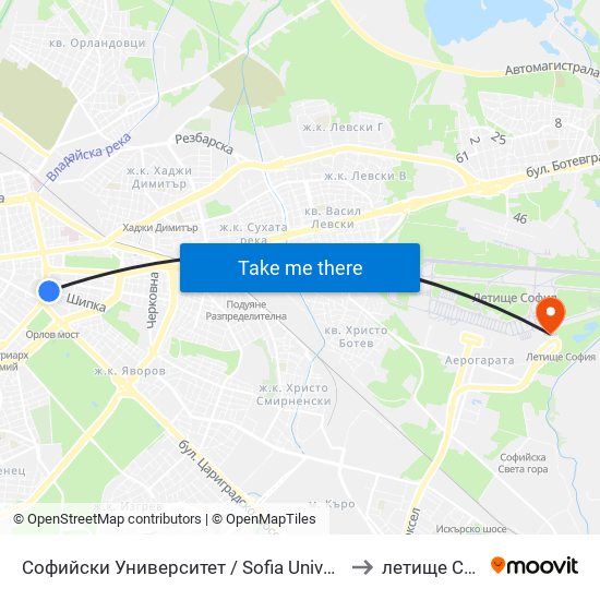 Софийски Университет / Sofia University (1697) to летище София map