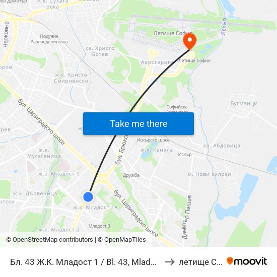Бл. 43 Ж.К. Младост 1 / Bl. 43, Mladost 1 Qr. (0218) to летище София map