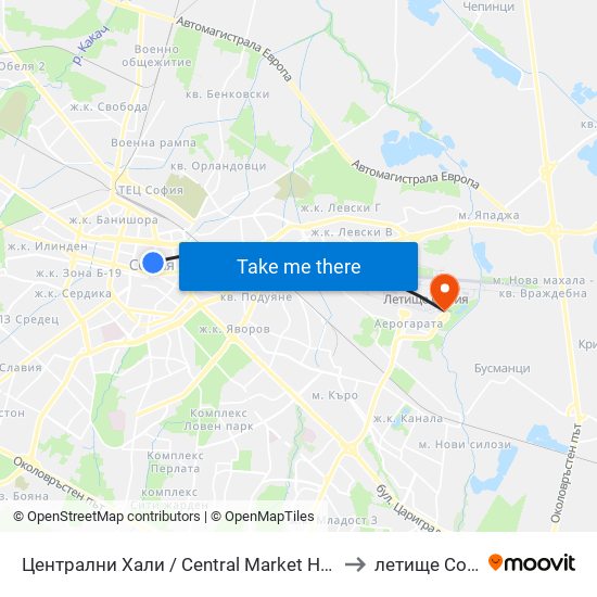 Централни Хали / Central Market Hall (2337) to летище София map