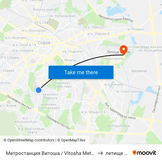 Ⓜ️ Метростанция Витоша / Vitosha Metro Station (2755) to летище София map