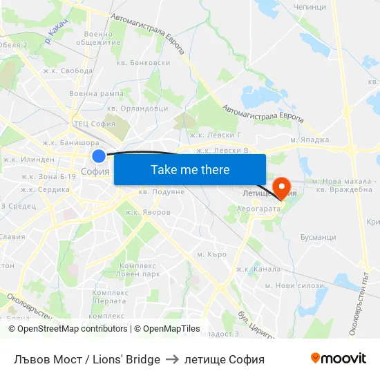 Лъвов Мост / Lions' Bridge to летище София map