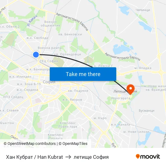 Хан Кубрат / Han Kubrat to летище София map