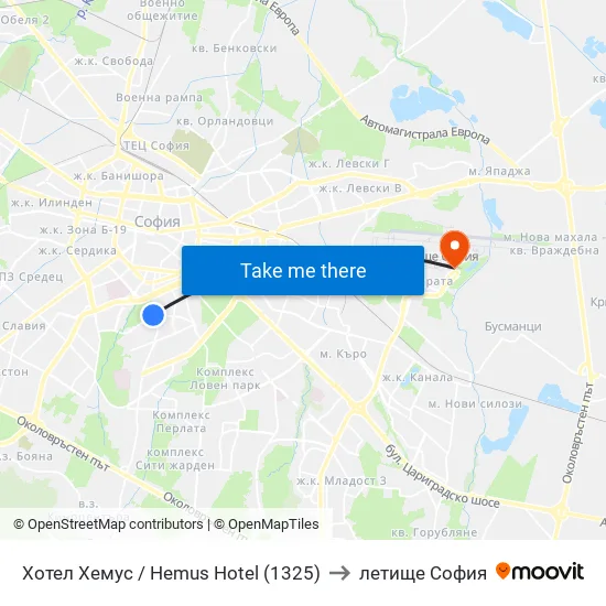 Ⓜ️ Хотел Хемус / Hemus Hotel (1325) to летище София map