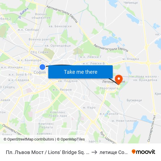 Пл. Лъвов Мост / Lions' Bridge Sq. (1278) to летище София map