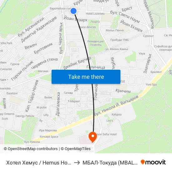 Ⓜ️ Хотел Хемус / Hemus Hotel (2329) to МБАЛ-Токуда (MBAL-Tokuda) map