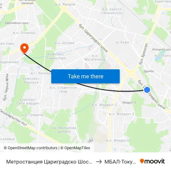 Ⓜ️ Метростанция Цариградско Шосе / Tsarigradsko Shosse Metro Station (1016) to МБАЛ-Токуда (MBAL-Tokuda) map