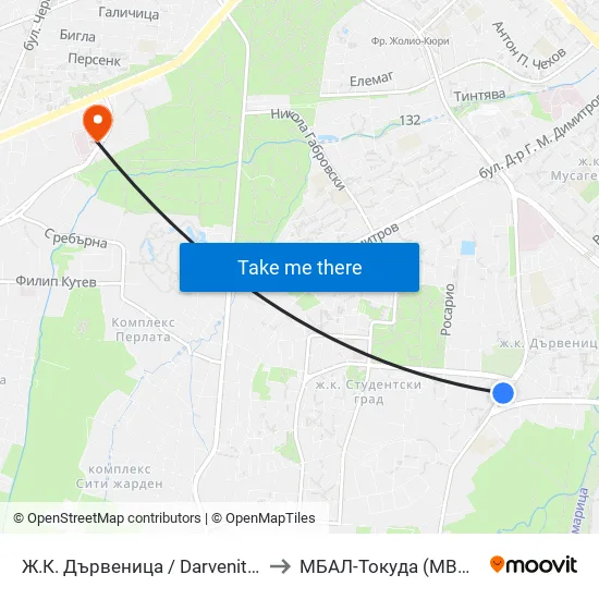 Ж.К. Дървеница / Darvenitsa Qr. (1012) to МБАЛ-Токуда (MBAL-Tokuda) map
