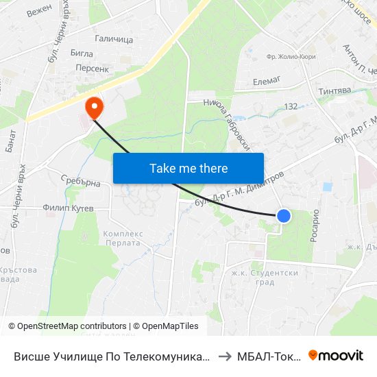 Висше Училище По Телекомуникации / University Of Telecommunications And Post (1397) to МБАЛ-Токуда (MBAL-Tokuda) map