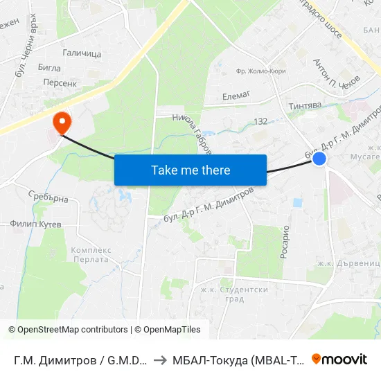 Г. М. Димитров / G. M. Dimitrov to МБАЛ-Токуда (MBAL-Tokuda) map