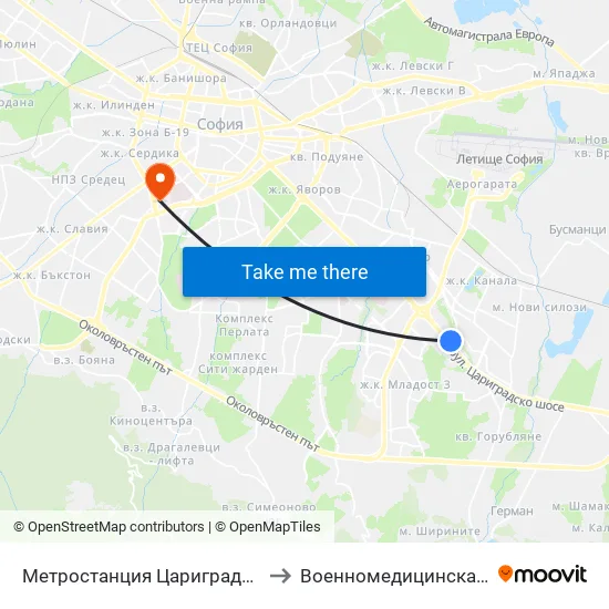 Ⓜ️ Метростанция Цариградско Шосе / Tsarigradsko Shosse Metro Station (1016) to Военномедицинска академия (Voennomeditsinska akademia) map