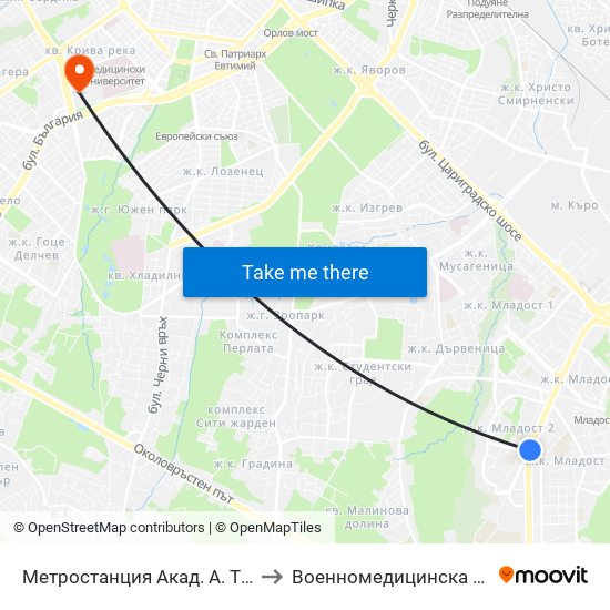 Метростанция Акад. А. Т. - Балан / Acad. A. T.-Balan Metro Station (1917) to Военномедицинска академия (Voennomeditsinska akademia) map