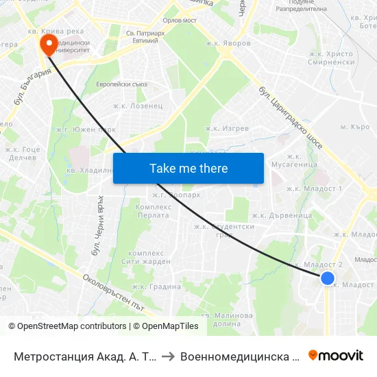 Ⓜ️ Метростанция Акад. Александър Теодоров - Балан / Akademik Aleksandar Teodorov - Balan Metro Station (1917) to Военномедицинска академия (Voennomeditsinska akademia) map
