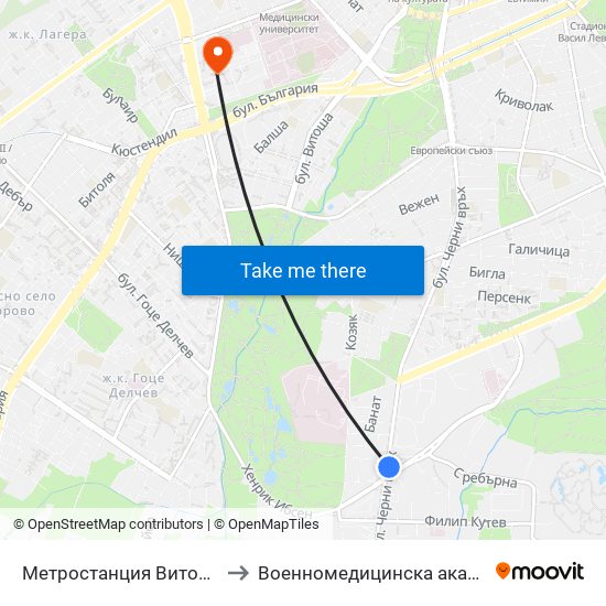 Метростанция Витоша / Vitosha Metro Station (2654) to Военномедицинска академия (Voennomeditsinska akademia) map