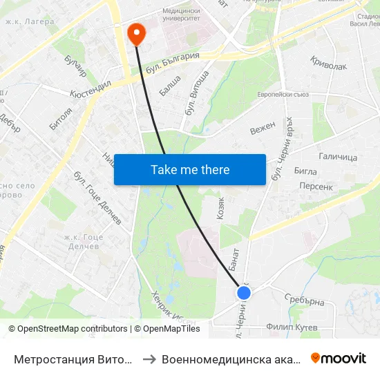 Ⓜ️ Метростанция Витоша / Vitosha Metro Station (2654) to Военномедицинска академия (Voennomeditsinska akademia) map