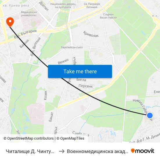 📚 Читалище Д. Чинтулов / D. Chintulov Library (2366) to Военномедицинска академия (Voennomeditsinska akademia) map