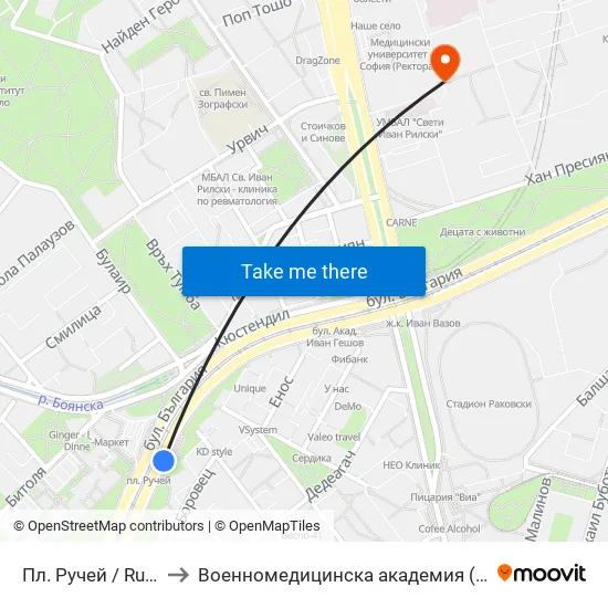 Пл. Ручей / Ruchey Sq. (1301) to Военномедицинска академия (Voennomeditsinska akademia) map