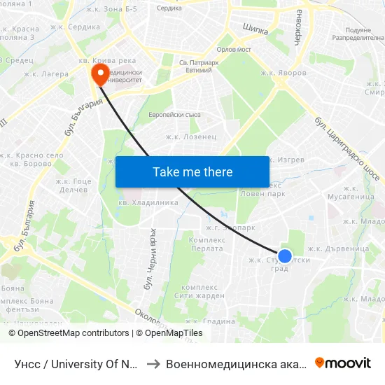 🎓 Унсс / University Of National And World Economy (1692) to Военномедицинска академия (Voennomeditsinska akademia) map