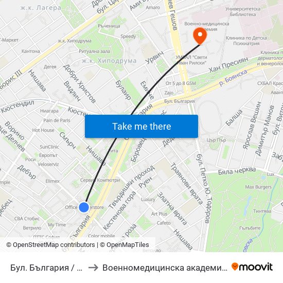 Бул. България / Bulgaria Blvd. (0290) to Военномедицинска академия (Voennomeditsinska akademia) map