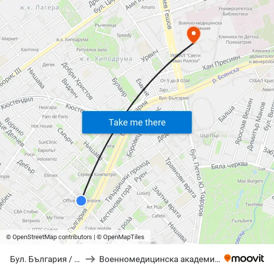 Бул. България / Bulgaria Blvd. (0290) to Военномедицинска академия (Voennomeditsinska akademia) map