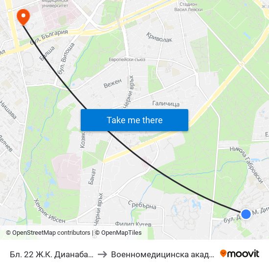 Бл. 22 Ж.К. Дианабад / Bl. 22, Dianabad Qr. (0124) to Военномедицинска академия (Voennomeditsinska akademia) map