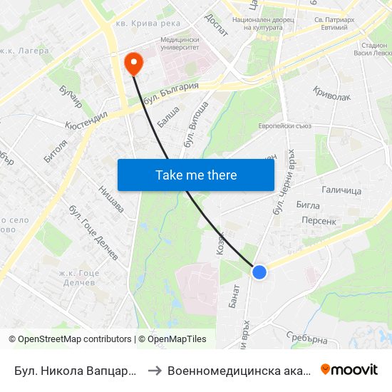 Бул. Никола Вапцаров / Nikola Vaptsarov Blvd. (0344) to Военномедицинска академия (Voennomeditsinska akademia) map