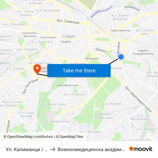 Ул. Калиманци / Kalimantsi St. (1975) to Военномедицинска академия (Voennomeditsinska akademia) map