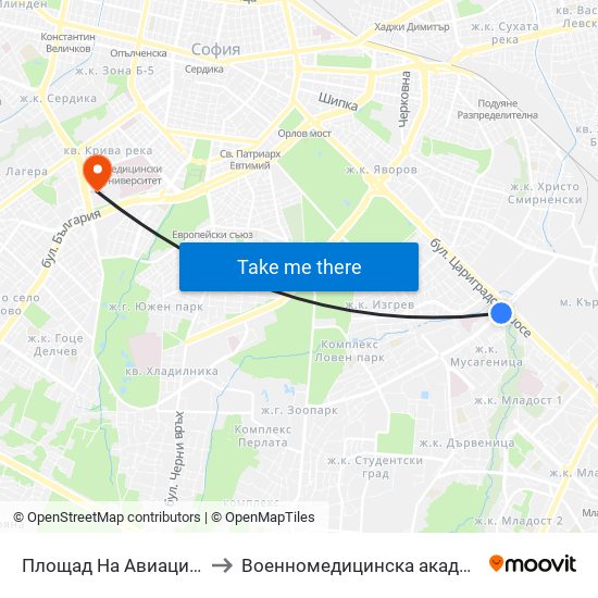 Площад На Авиацията / Aviation Square (1257) to Военномедицинска академия (Voennomeditsinska akademia) map