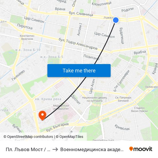 Пл. Лъвов Мост / Lions' Bridge Sq. (1278) to Военномедицинска академия (Voennomeditsinska akademia) map