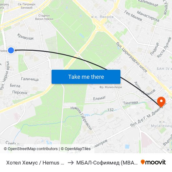 Хотел Хемус / Hemus Hotel (2329) to МБАЛ-Софиямед (MBAL-Sofiyamed) map