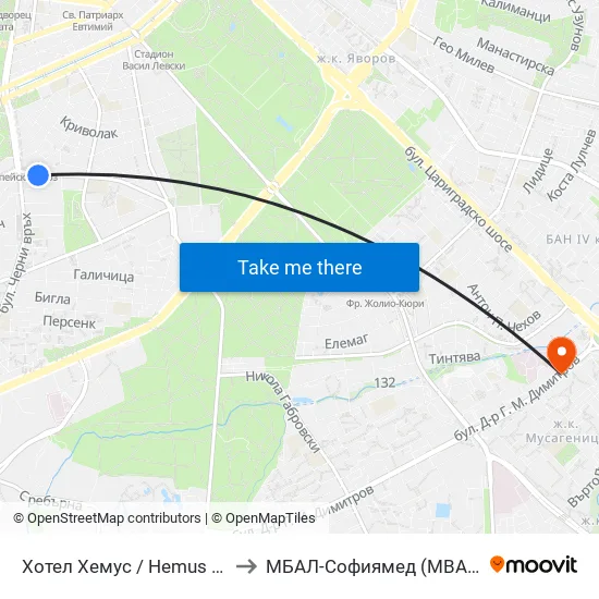 Ⓜ️ Хотел Хемус / Hemus Hotel (2329) to МБАЛ-Софиямед (MBAL-Sofiyamed) map