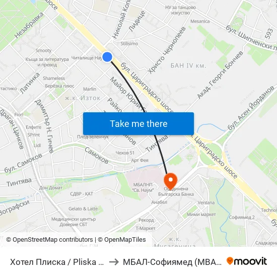 Хотел Плиска / Pliska Hotel (2326) to МБАЛ-Софиямед (MBAL-Sofiyamed) map