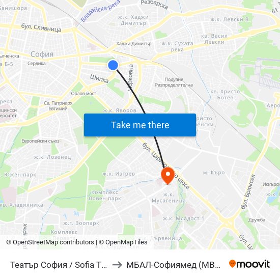 Театър София / Sofia Theatre (1727) to МБАЛ-Софиямед (MBAL-Sofiyamed) map