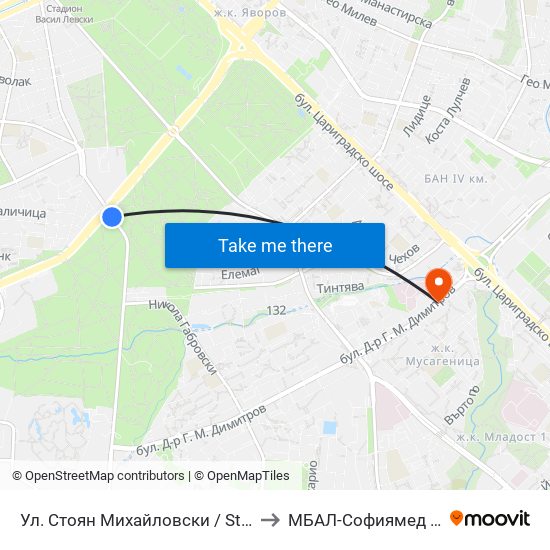 Ул. Стоян Михайловски / Stoyan Mihaylovski St. (2191) to МБАЛ-Софиямед (MBAL-Sofiyamed) map